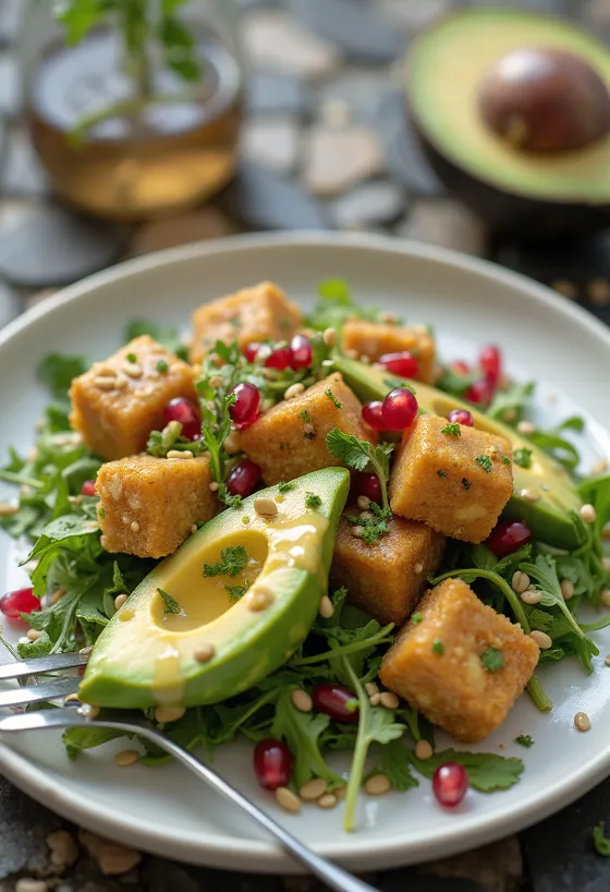 Stegt tofu med avocado og granatæble