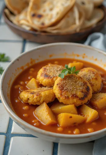 Dhokar dalna med garam masala, chana dal kugler og krydret olie