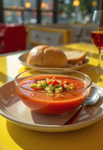 Frisk gazpacho serveret iskold, pyntet med finthakkede grøntsager