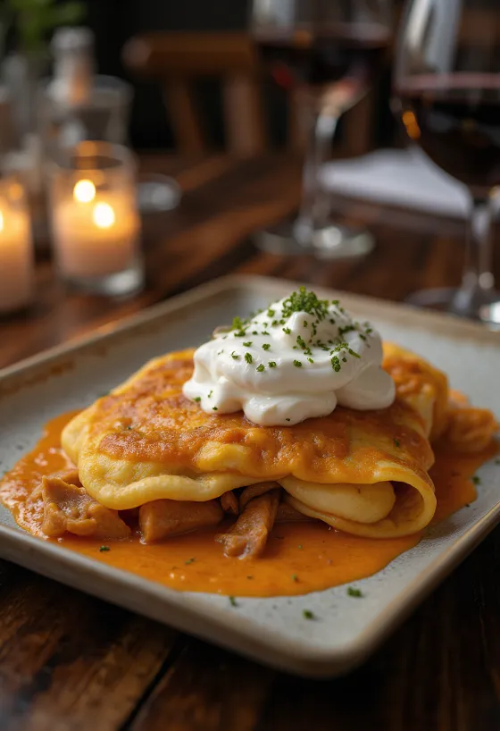 Hortobágyi kødfyldte pandekager serveret med creme fraiche og frisk persille.