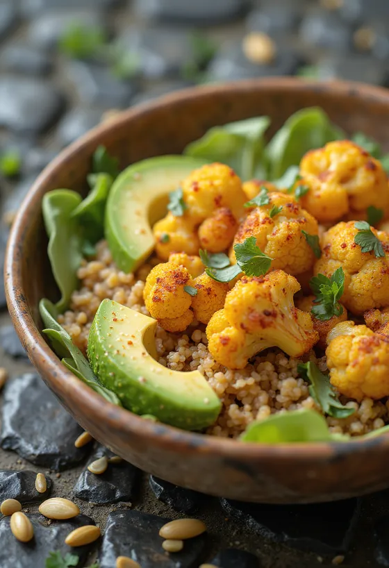 Krydret blomkåls-buddha bowl serveret