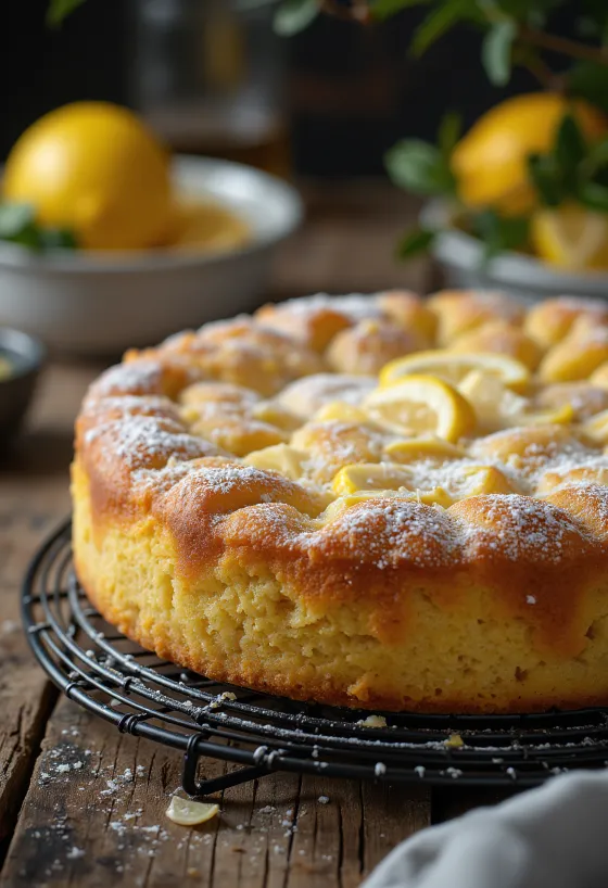 Citronkage med mandelmel serveret