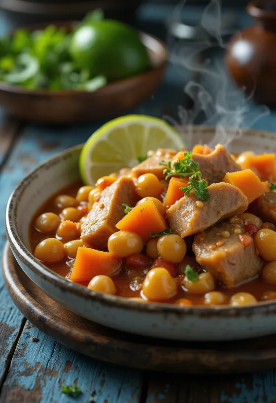 Mondongo con garbanzos serveret, med rige grøntsager og krydderier