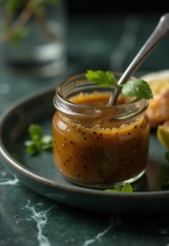 Sennep-balsamico-sauce serveret