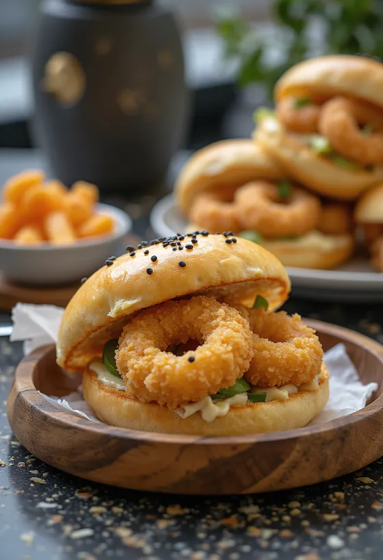 Bao bun med stegte blæksprutteringe serveret