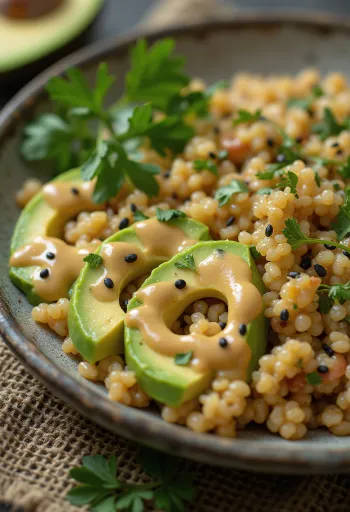 Avocado-quinoa Buddha bowl med karry-tahini serveret