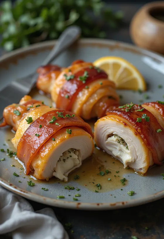 Kyllingebryst svøbt i bacon serveret med dampede grøntsager