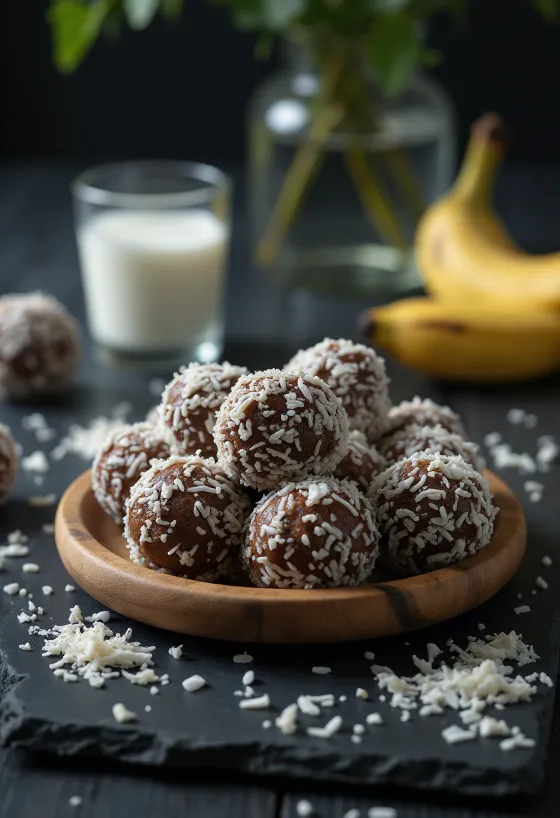 Banan-kokoskugler serveret i en skål