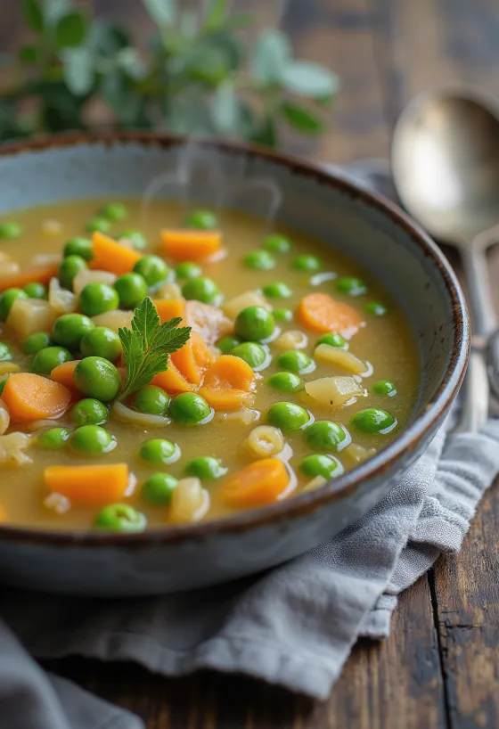 Frisk ærtesuppe pyntet med sprøde grøntsager og persille