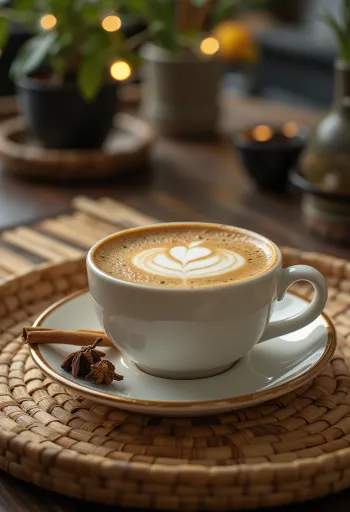 Kanel-nellike latte kaffedrik pyntet med kanelstang og flødeskum