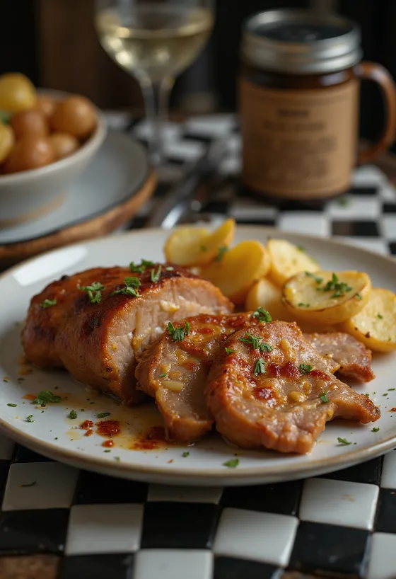 Hvidløgsmarineret nakkekotelet stegt sprød, serveret med friske krydderurter