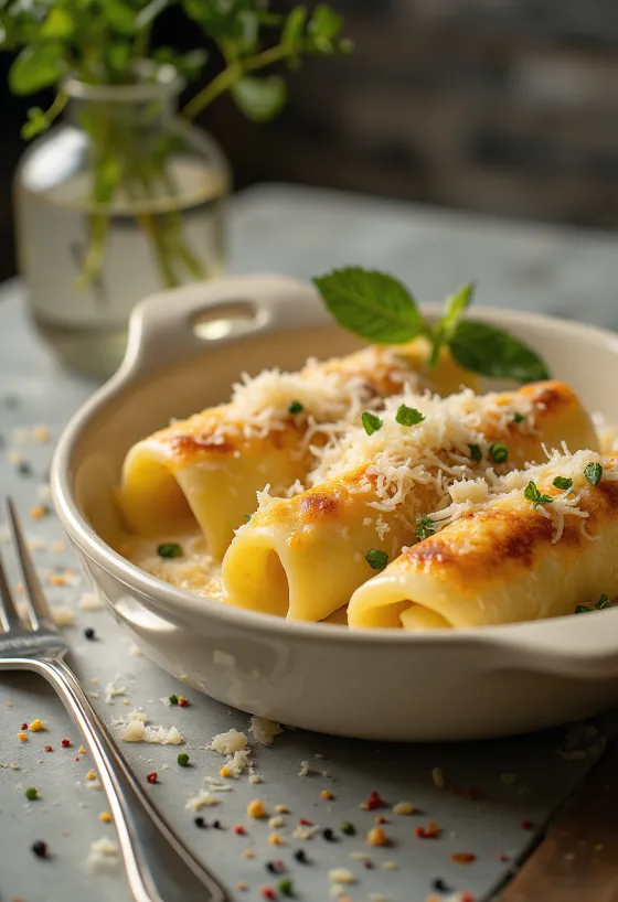Kartoffel og parmesan cannelloni bagt til en gylden skorpe