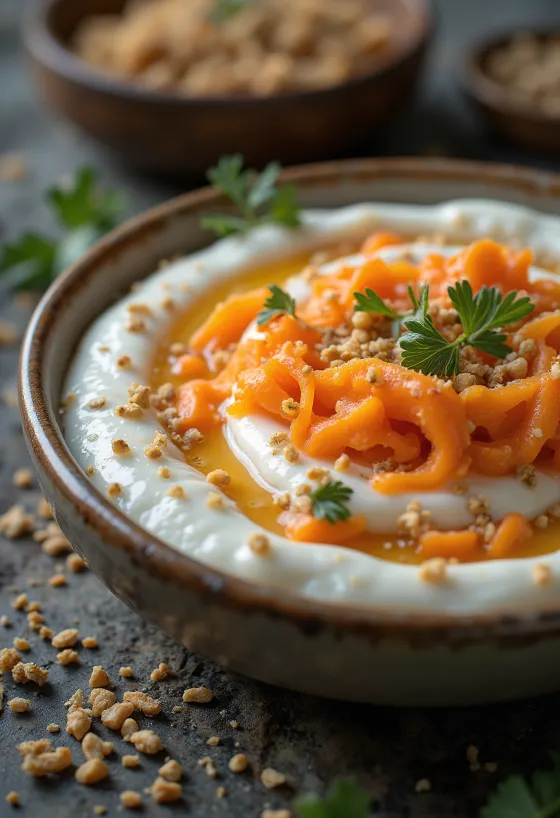 Frisk gulerodsraita serveret, pyntet med yoghurt og mynte.