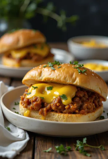 Sloppy Joe sandwich med sennepssauce, rigt placeret hakket kødfyld
