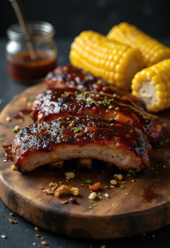 BBQ-ribben serveret med majs