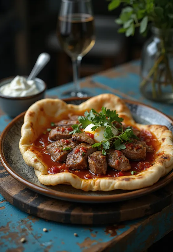 Iskender kebab med oksekød serveret med yoghurt-hvidløgsdressing og ristet pita