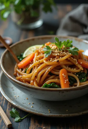 Japchae med sojasauce serveret med søde kartoffelnudler og grøntsager