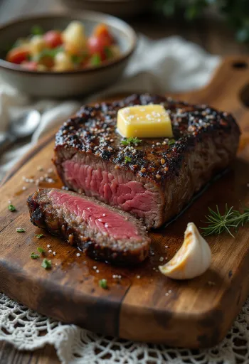 Kudu steak serveret med citronbåde og grøntsager.