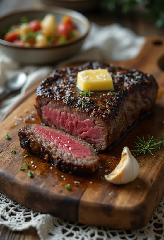 Kudu steak serveret med citronbåde og grøntsager.