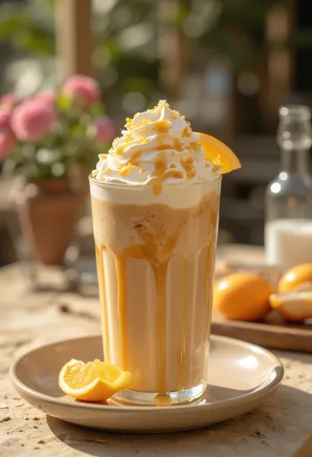 Appelsin-karamel frappé kaffedrik pyntet med flødeskum og appelsinskal