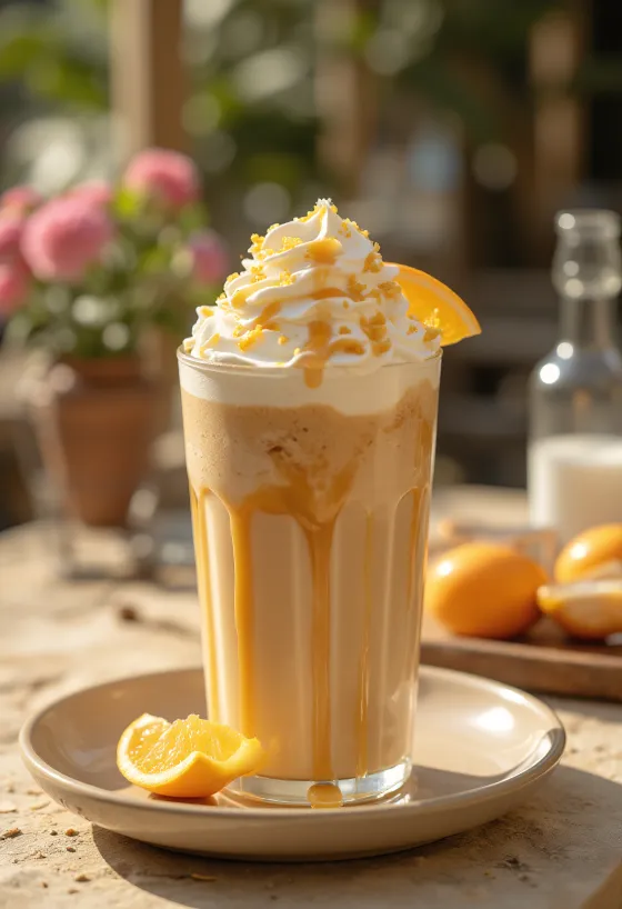 Appelsin-karamel frappé kaffedrik pyntet med flødeskum og appelsinskal