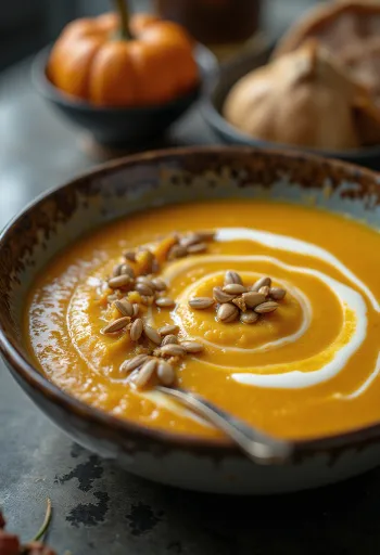 Græskarsuppe med blød og silkeblød konsistens, pyntet med ristede græskarkerner