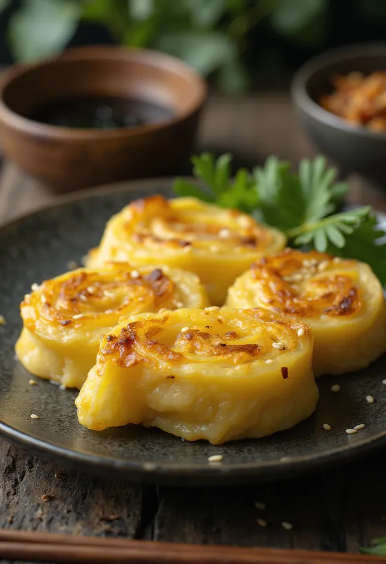 Tamagoyaki med sesamfrø, serveret med sojasauce og mirin
