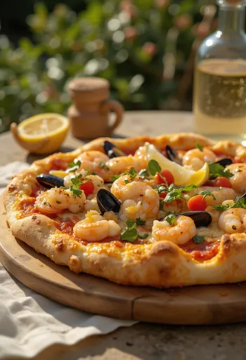 Frutti di Mare pizza med fyldt skorpe serveret