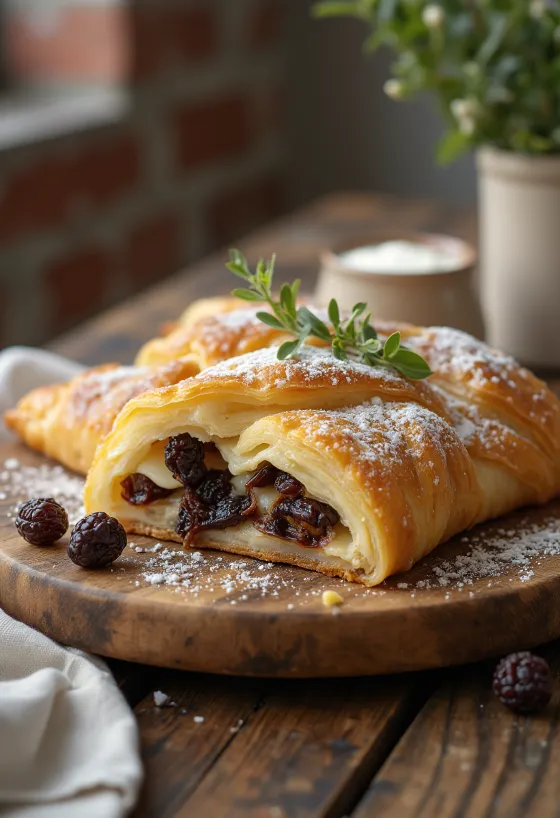 Strudel med hytteost og rosiner serveret, drysset med flormelis