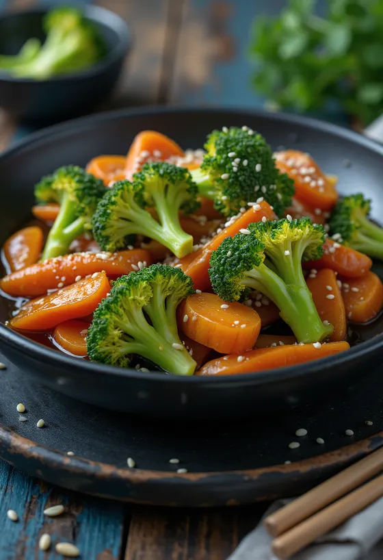 Broccoli stir fry serveret med sesam-sojasauce og sprøde grøntsager