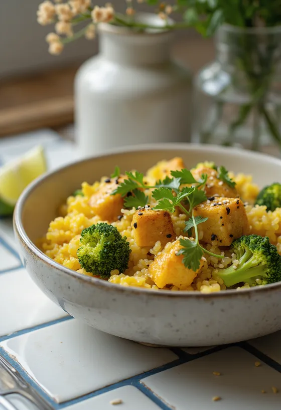 Broccoli-curry med quinoa og tofu