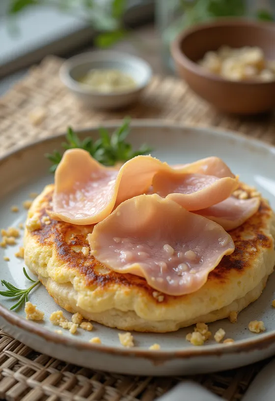 Crumpet med kalkunskinke gyldenbrune, bløde kager
