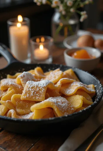 Klassisk kejserkrummer stegt gyldenbrun, drysset med flormelis og serveret med marmelade.