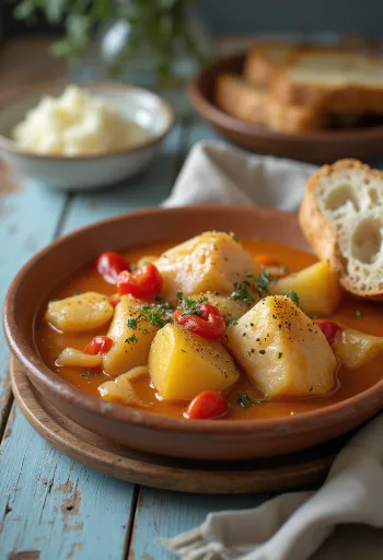 Marmitako con cebolla, spansk fiskesuppe med kartofler og grøntsager