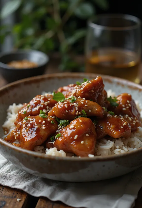 Honningkylling stegt gyldenbrun, drysset med sesamfrø og friske krydderurter