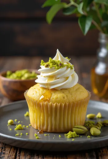 Honning-pistacie cupcakes serveret
