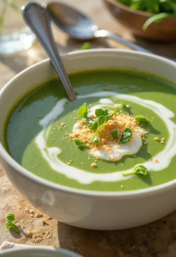 Cremet spinatcremesuppe serveret