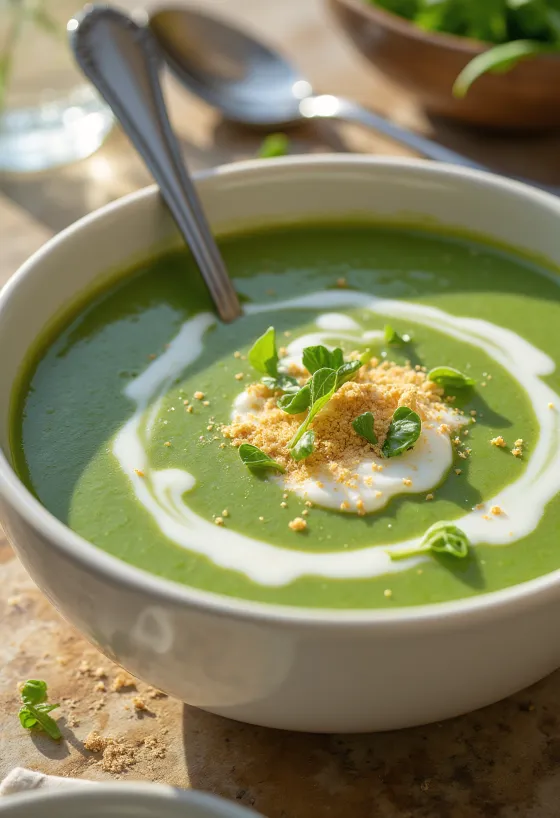 Cremet spinatcremesuppe serveret