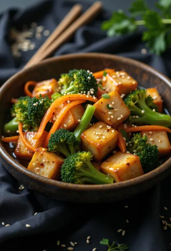 Tofu stir fry serveret med sprøde grøntsager
