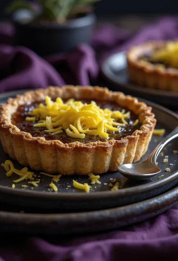 Vegansk treacle tart, gyldenbrun tærte, skåret og serveret