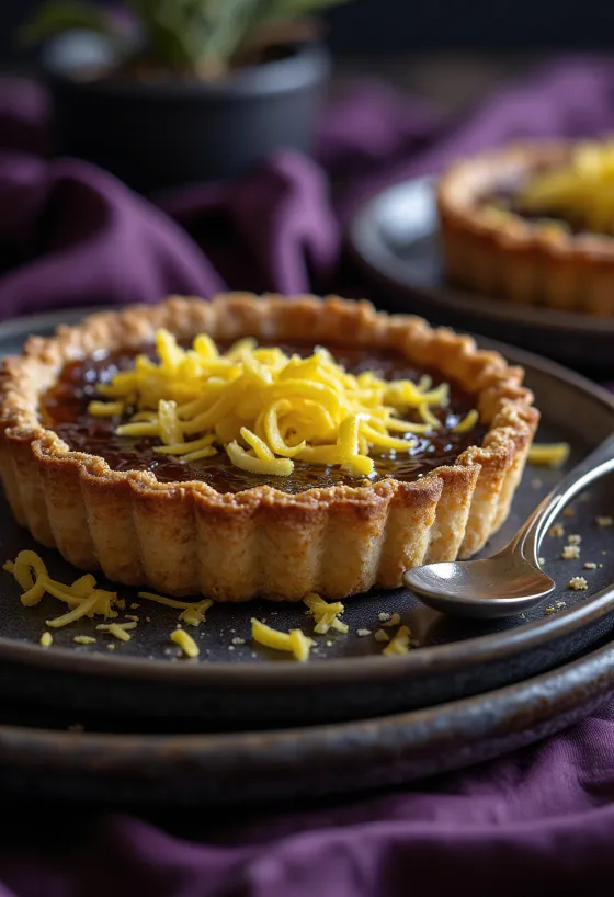 Vegansk treacle tart, gyldenbrun tærte, skåret og serveret