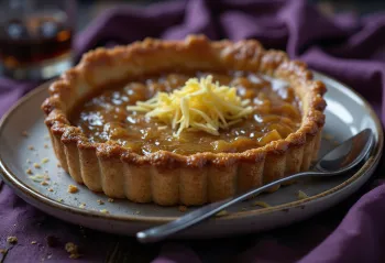 Vegansk treacle tart, gyldenbrun tærte, skåret og serveret