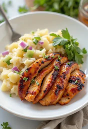BBQ-kyllingebryst serveret med kartoffelsalat