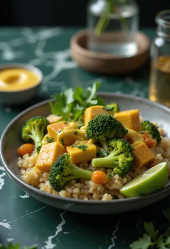 Serveret broccoli-quinoa Buddha bowl med karry-tahini tofu