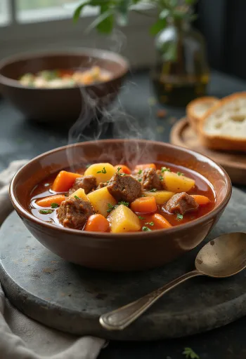 Traditionel gullaschsuppe med rige kødstykker og grøntsager, krydret med rød paprika.