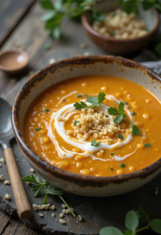 Kokos-linsecremesuppe serveret i skål