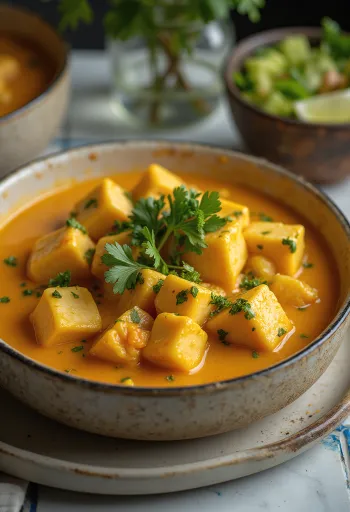 Moqueca serveret med tofu tern og kokosmælk