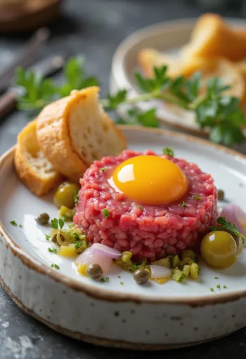 Steak Tartare serveret med æggeblomme og toast
