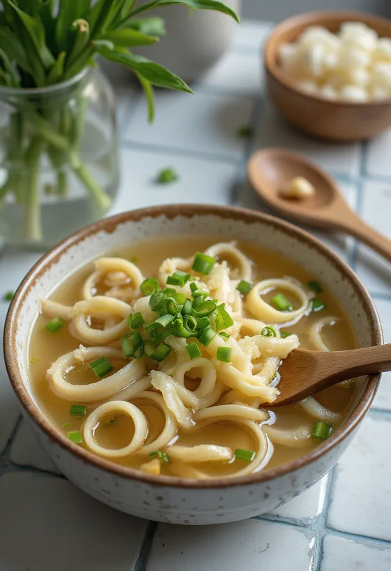 Sujebi med forårsløg, serveret med friske krydderurter og creme fraiche