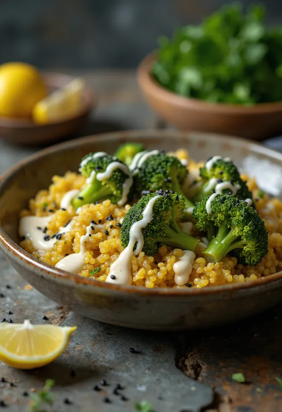 Serveret broccoli-quinoa karry Buddha bowl med lime-tahini